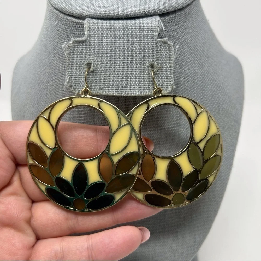 Large Groovy Black, Yellow and Brown Lotus Flower Dangle Hoop Earrings